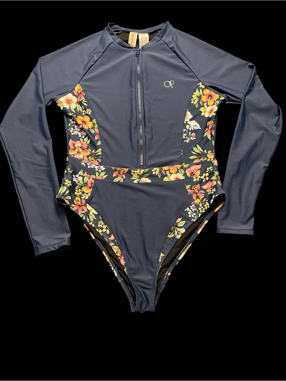 Ocean Pacific OP Navy Blue Long Sleeve One Piece Swimsuit Floral Rash Guard